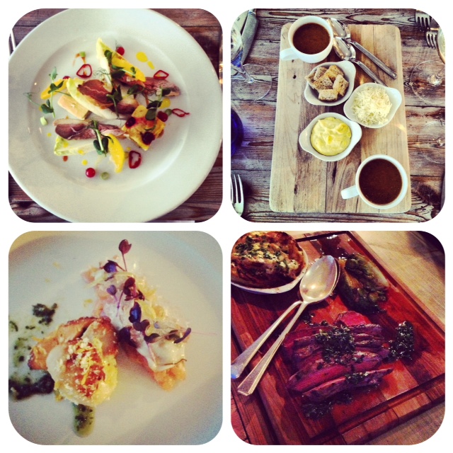 1. Smoked duck salad - home smoked duck with endives, oranges and chilli orange dressing. 2. Gallivant fish soup with garlic rouille, crispy croutons and gruyere 3. Seared Rye bay scallops, Hambley cured Trout Tartar, oyster and champagne jelly 4. Roast salt marsh lamb with braised little gems and potato gratin dauphinoise