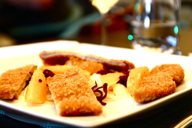 Main course: Veal schnitzel, fennel, orange, red cabbage