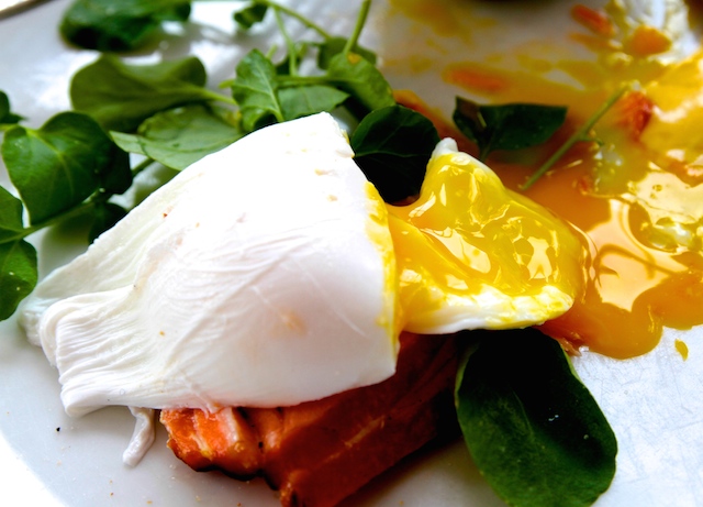 Tea smoked salmon with wilted spinach, poached eggs and yuzu hollandaise