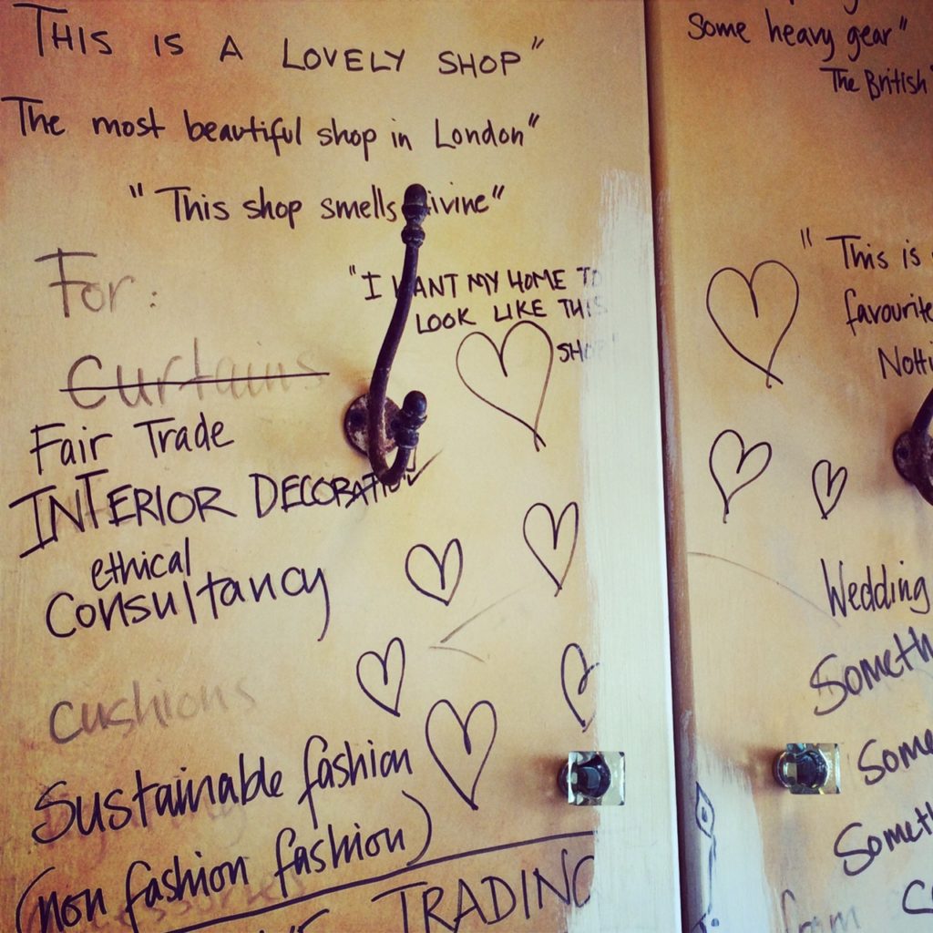 People's scribbles inside Katrina Phillips' shop on Portobello Road 