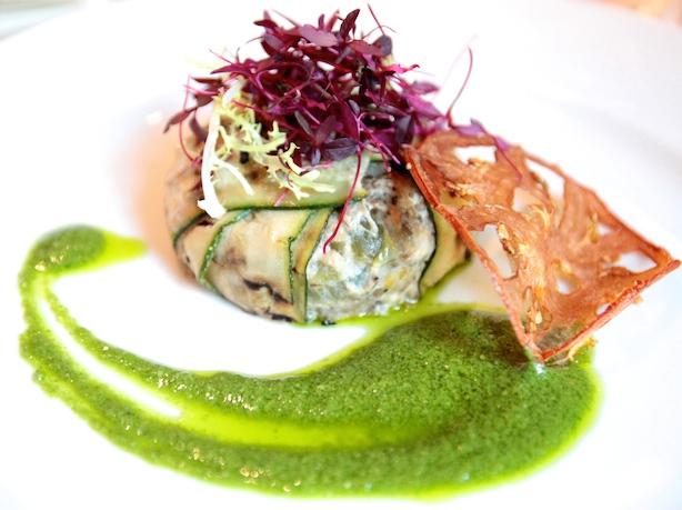 Aubergine, courgette and cheese timbal, with rustic green sauce