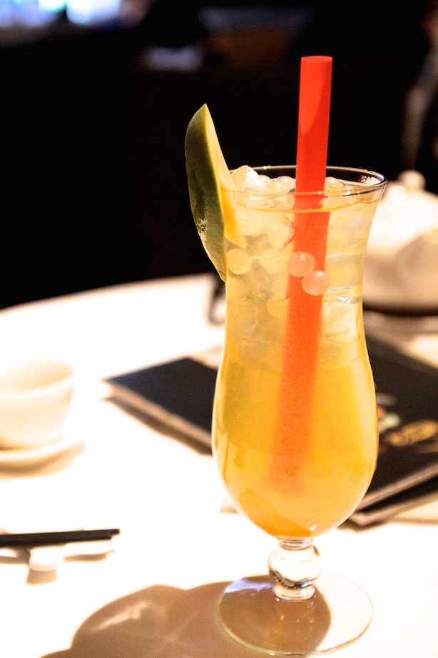 Mango and lychee bubble pearl tea cocktail