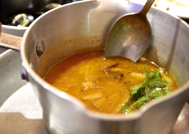 Fish soup in a saucepan