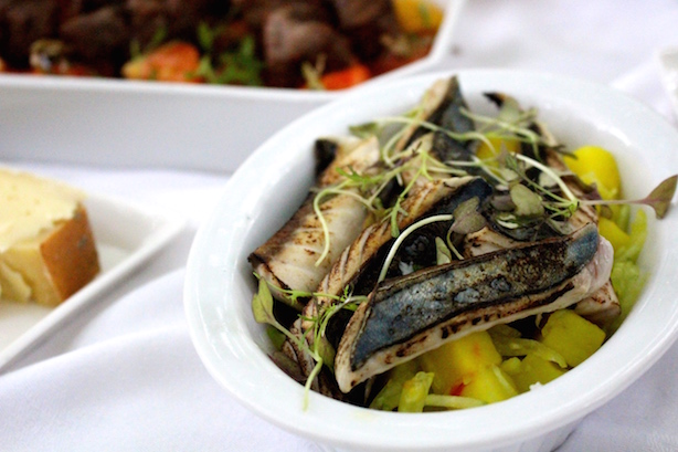 Mackerel with potato, cucumber and rye salad