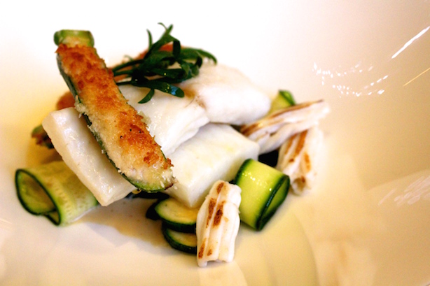 Brill fillet, young courgette, ricotta, Cornish squid, wild garlic
