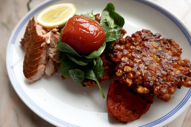 sweet corn fritters, roast tomato, spinach and salmon