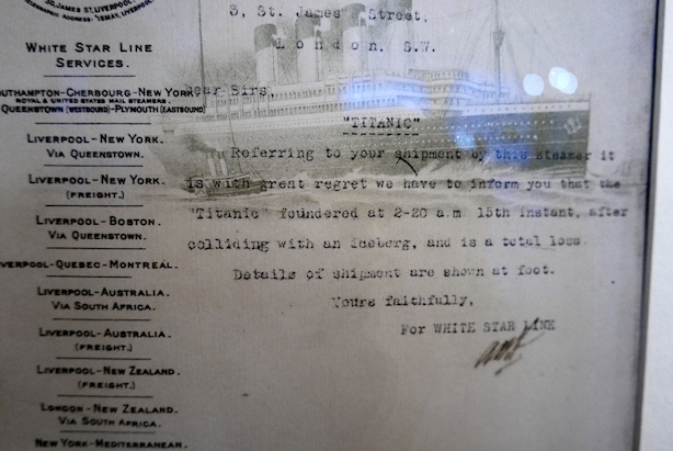A letter writing with 'great regret' at how the Berry Bros containers on The Titanic were lost forever as the ship had collided with an iceberg...